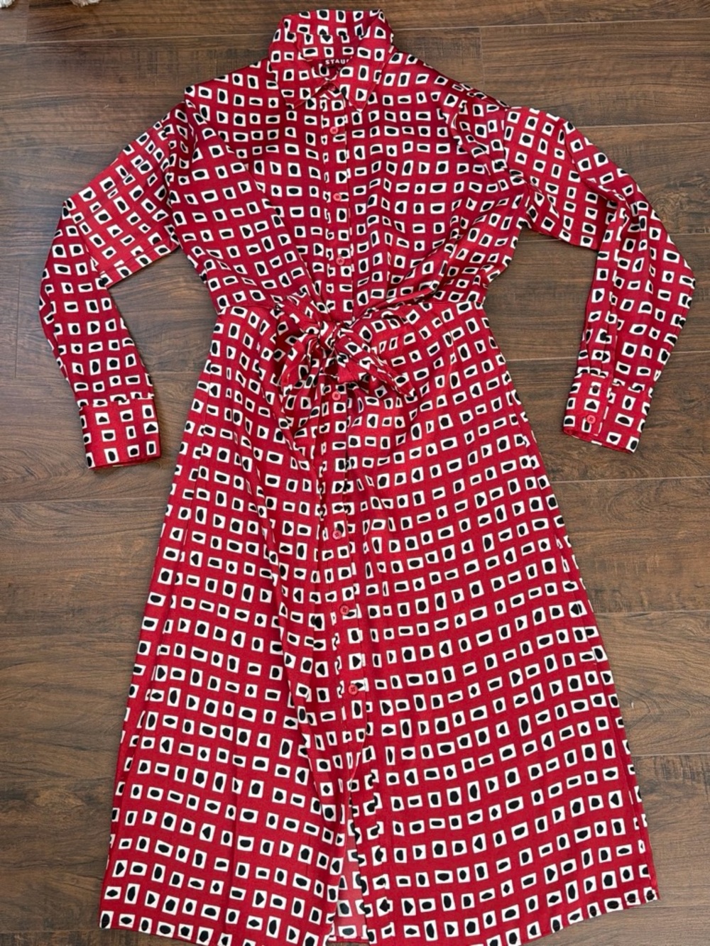 STAUD Red Geometric Print Long Sleeve Shirt Dress with Waist Tie